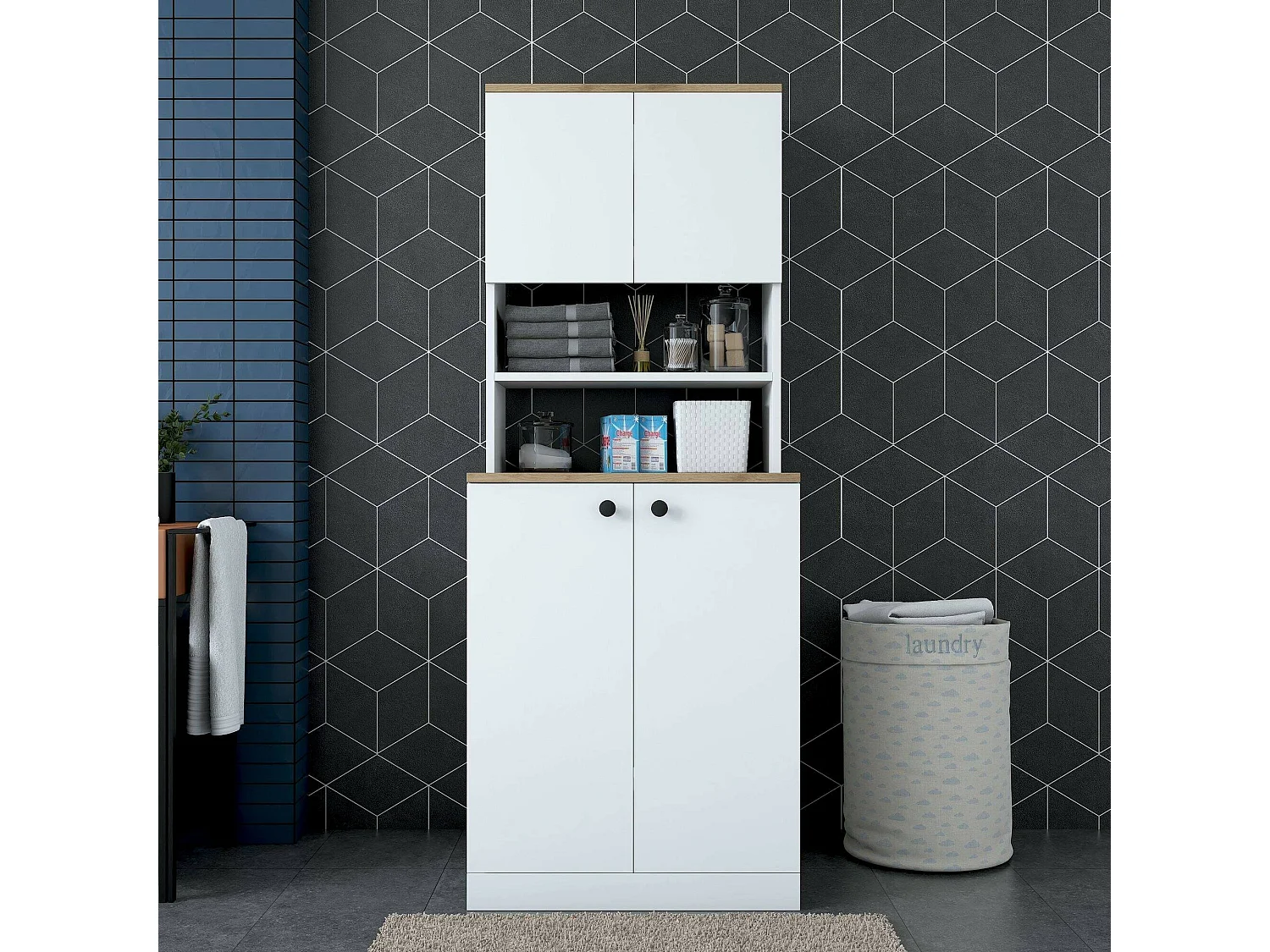 Grande armoire polyvalente Dmaifred, Meubles multifonctionnels, Casier à chaussures, Support à chaussures pour armoire, 70x73h184 cm, Blanc et Noyer