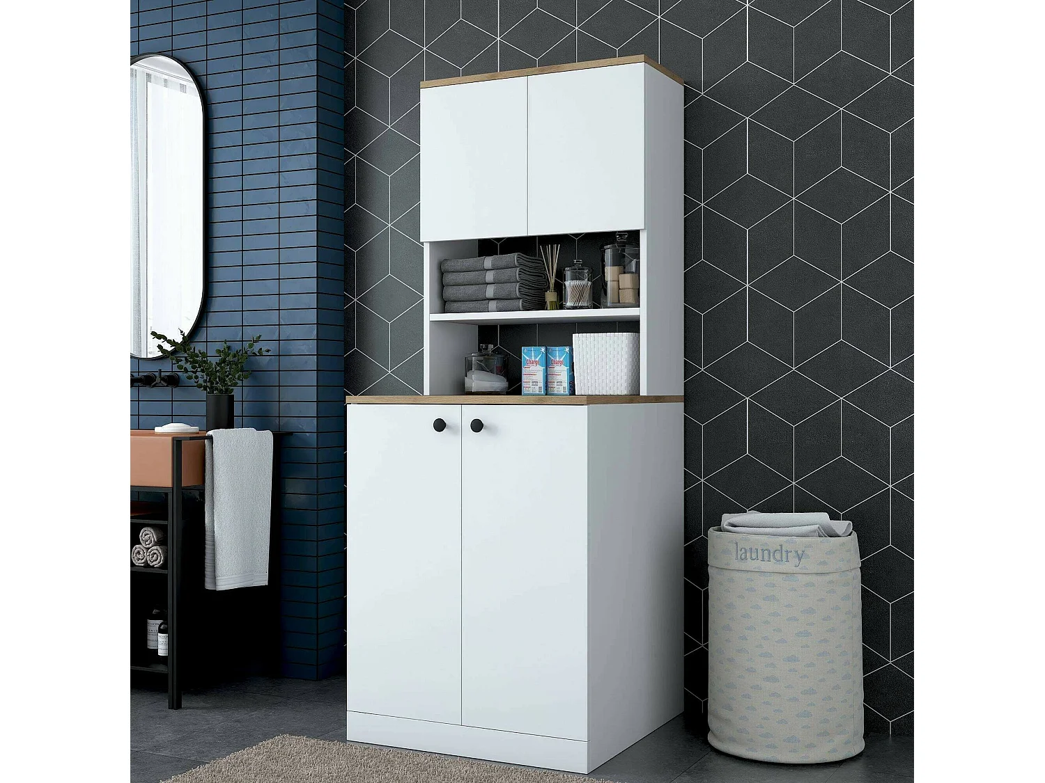 Grande armoire polyvalente Dmaifred, Meubles multifonctionnels, Casier à chaussures, Support à chaussures pour armoire, 70x73h184 cm, Blanc et Noyer