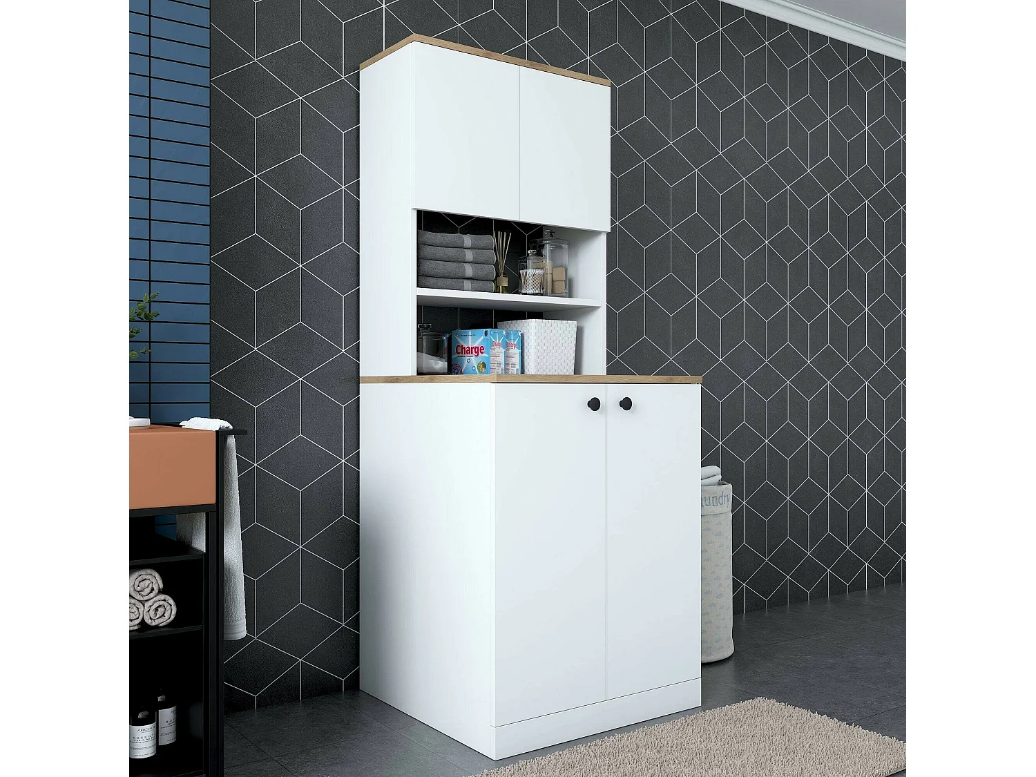 Grande armoire polyvalente Dmaifred, Meubles multifonctionnels, Casier à chaussures, Support à chaussures pour armoire, 70x73h184 cm, Blanc et Noyer