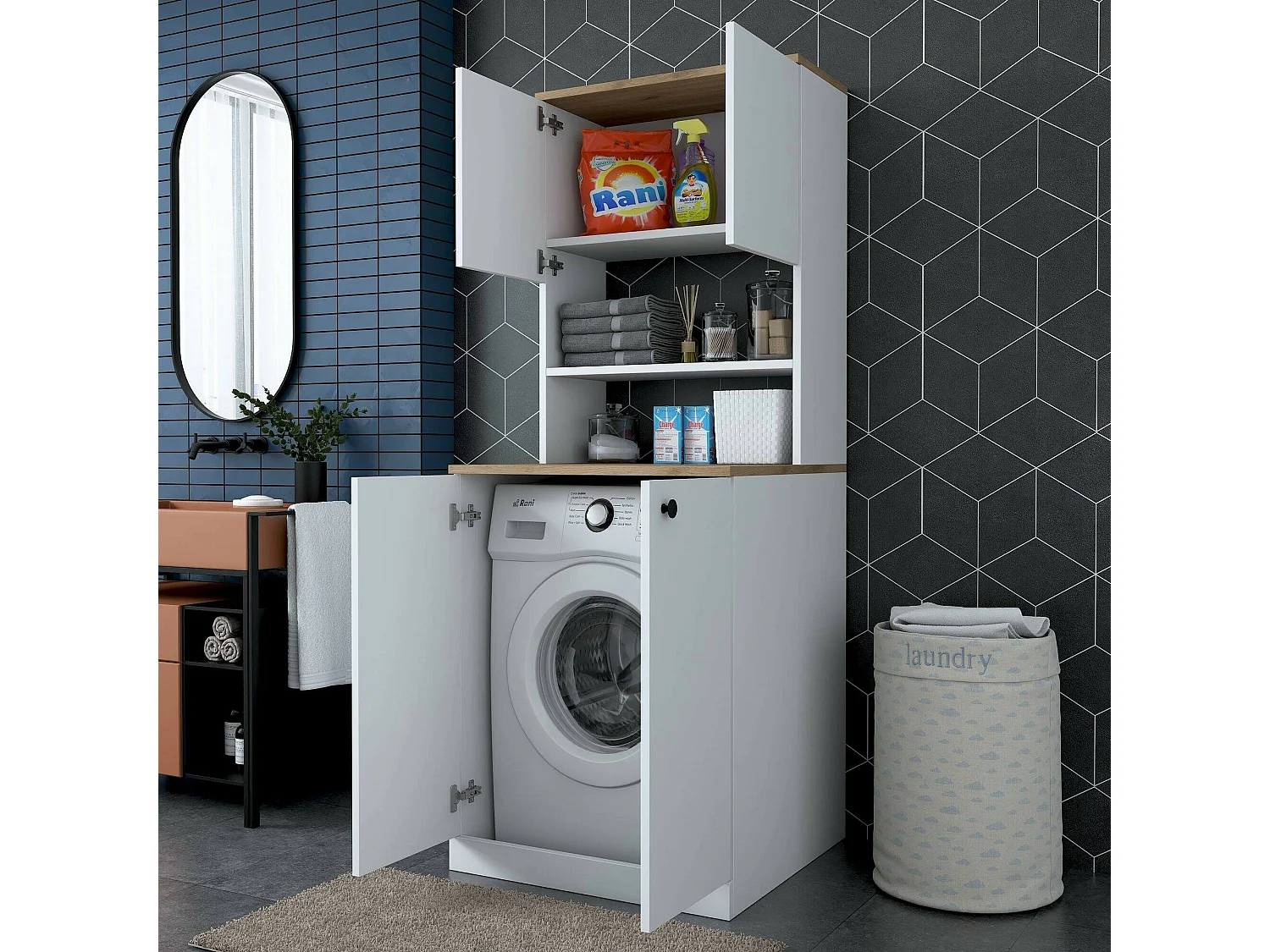 Grande armoire polyvalente Dmaifred, Meubles multifonctionnels, Casier à chaussures, Support à chaussures pour armoire, 70x73h184 cm, Blanc et Noyer
