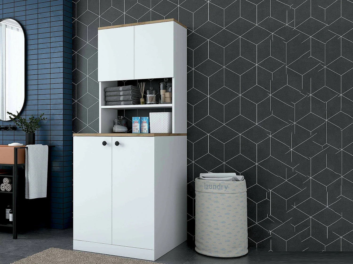 Grande armoire polyvalente Dmaifred, Meubles multifonctionnels, Casier à chaussures, Support à chaussures pour armoire, 70x73h184 cm, Blanc et Noyer