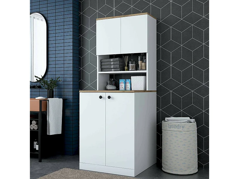 Grande armoire polyvalente Dmaifred, Meubles multifonctionnels, Casier à chaussures, Support à chaussures pour armoire, 70x73h184 cm, Blanc et Noyer