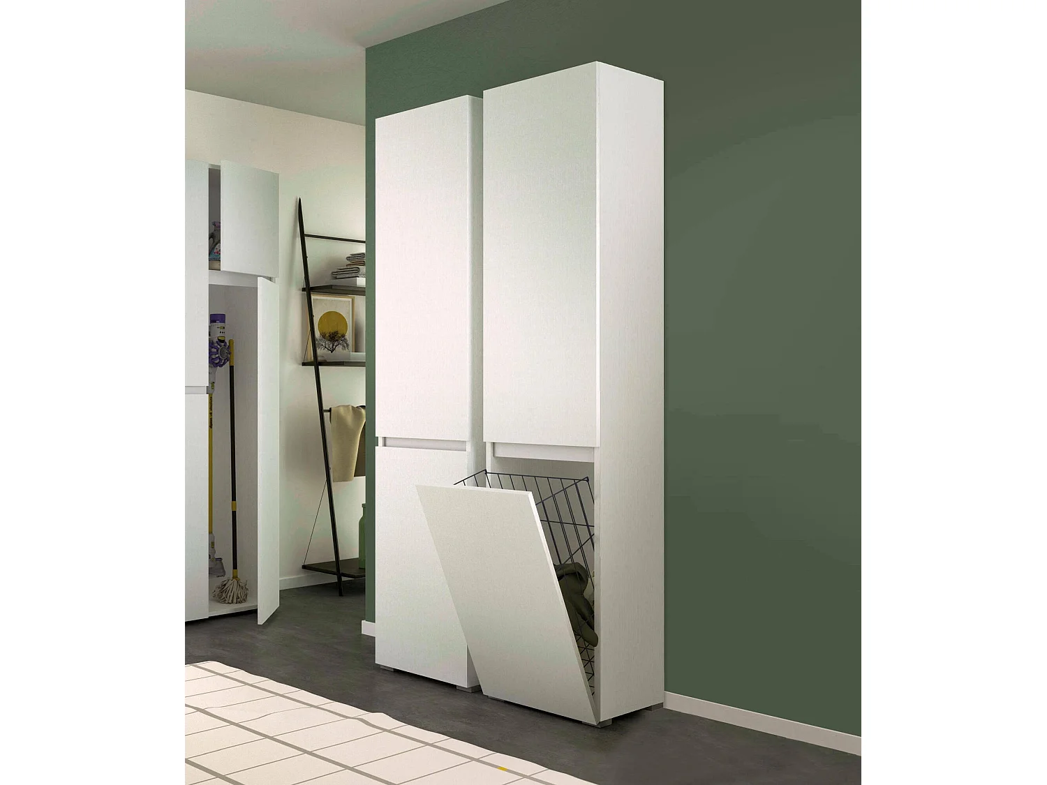 Armario multiusos de 2 puertas Dasteggian, mueble para lavandería de 2 puertas, Columna de baño con cesto para la ropa, 100% Made in Italy, 45x37h195 cm, Blanco