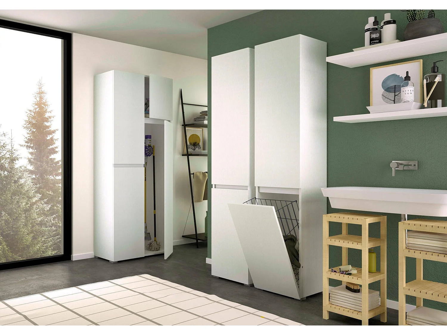 Dasteggian multifunctionele 2-deurskast, 2-deurs waskast, Badkamerkolom met wasmand, 100% Made in Italy, 45x37h195 cm, Wit