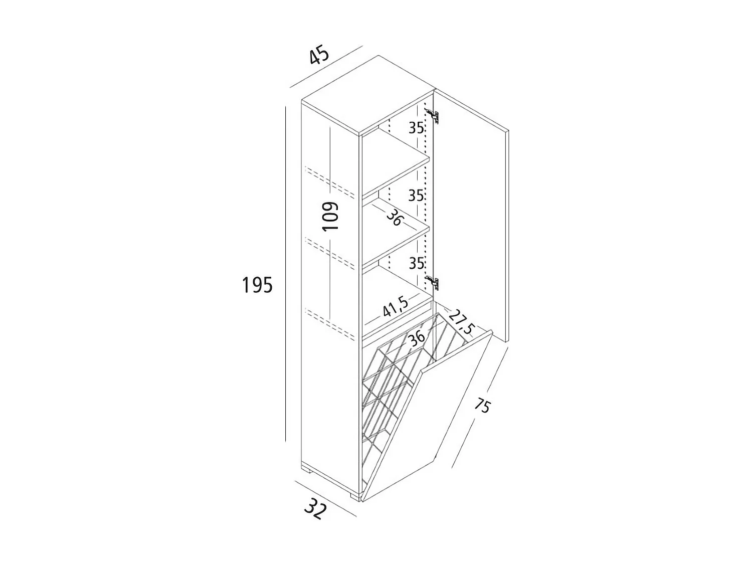 Dasteggian armoire polyvalente 2 portes, buanderie 2 portes, colonne de salle de bain avec panier à linge, 100% Made in Italy, 45x37h195 cm, Blanc