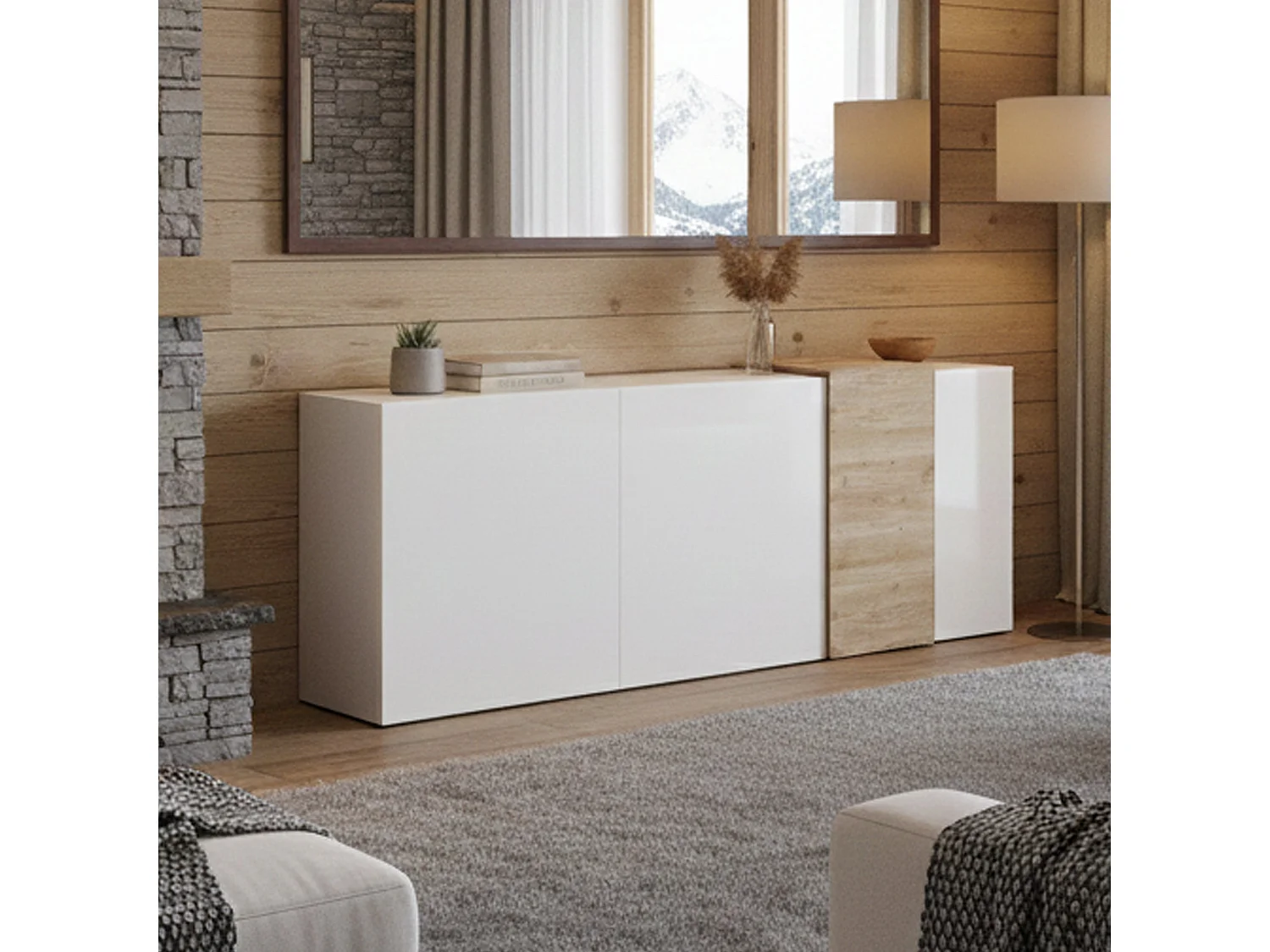 Buffet Dmiddleto, Buffet du salon, Commode de salon, Garde-manger de cuisine, Made in Italy, 181x44 h86 cm, N?uds de chêne clair et Blanc brillant