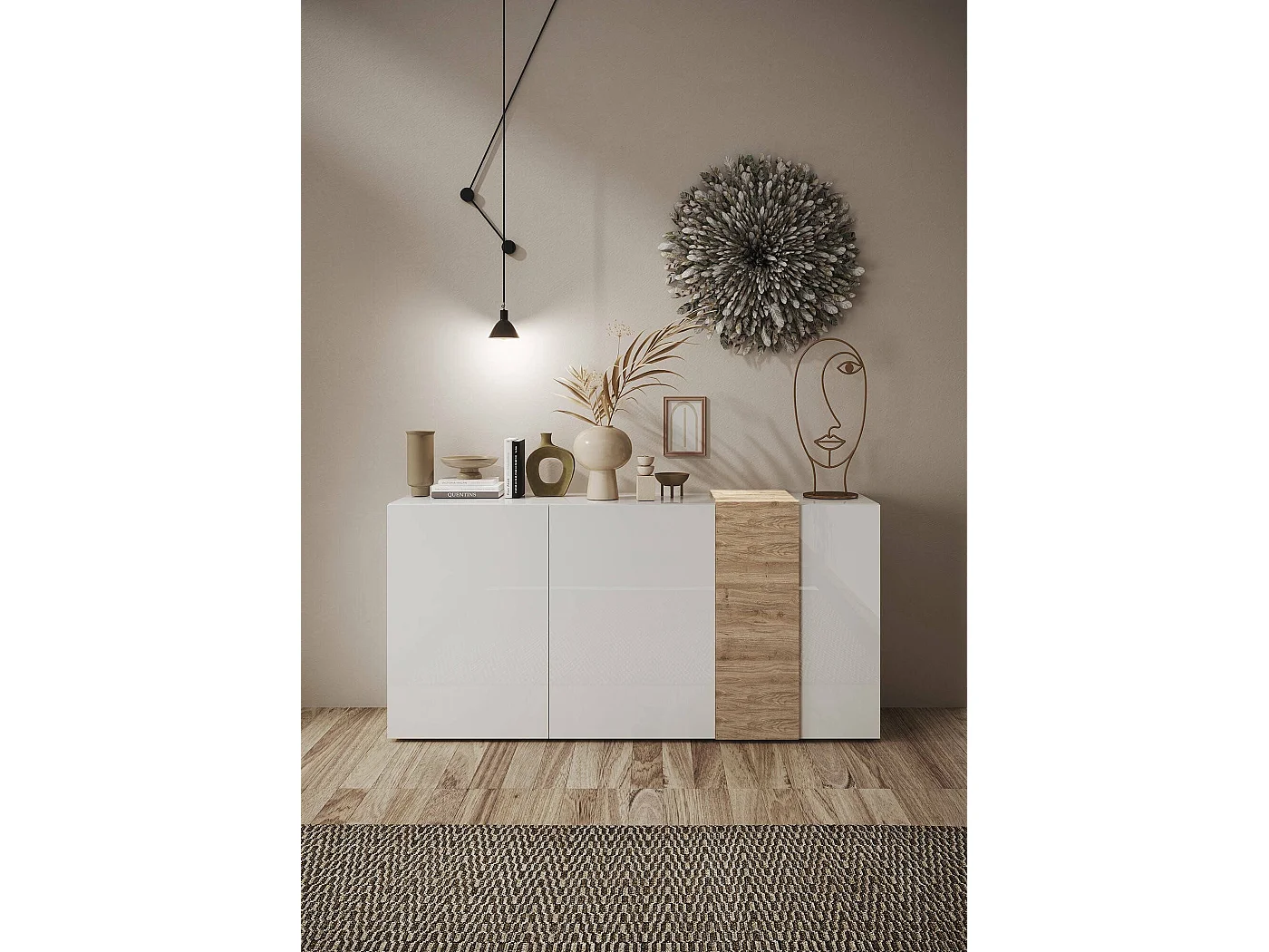 Buffet Dmiddleto, Buffet du salon, Commode de salon, Garde-manger de cuisine, Made in Italy, 181x44 h86 cm, N?uds de chêne clair et Blanc brillant