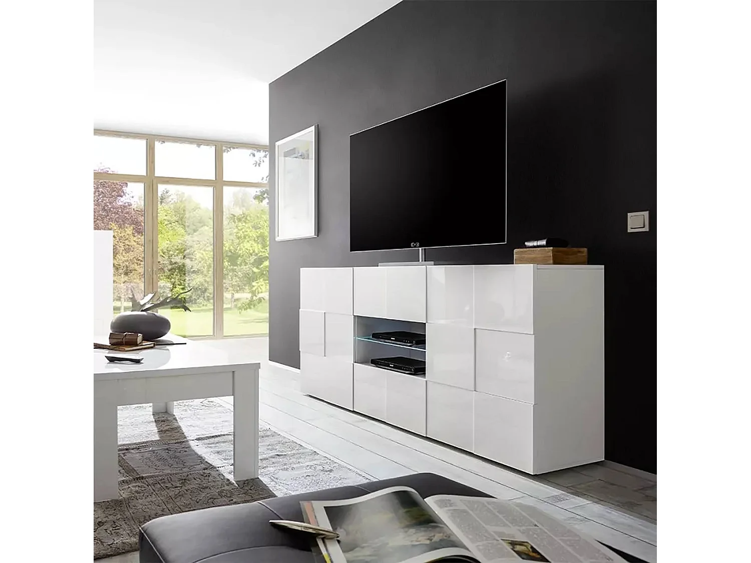 Kommode Dgober, Wohnzimmerbuffet, Wohnzimmer-Sideboard, Moderne Küchen-Speisekammer, Made in Italy, 181x43 h84 cm, Glänzendes Weiß