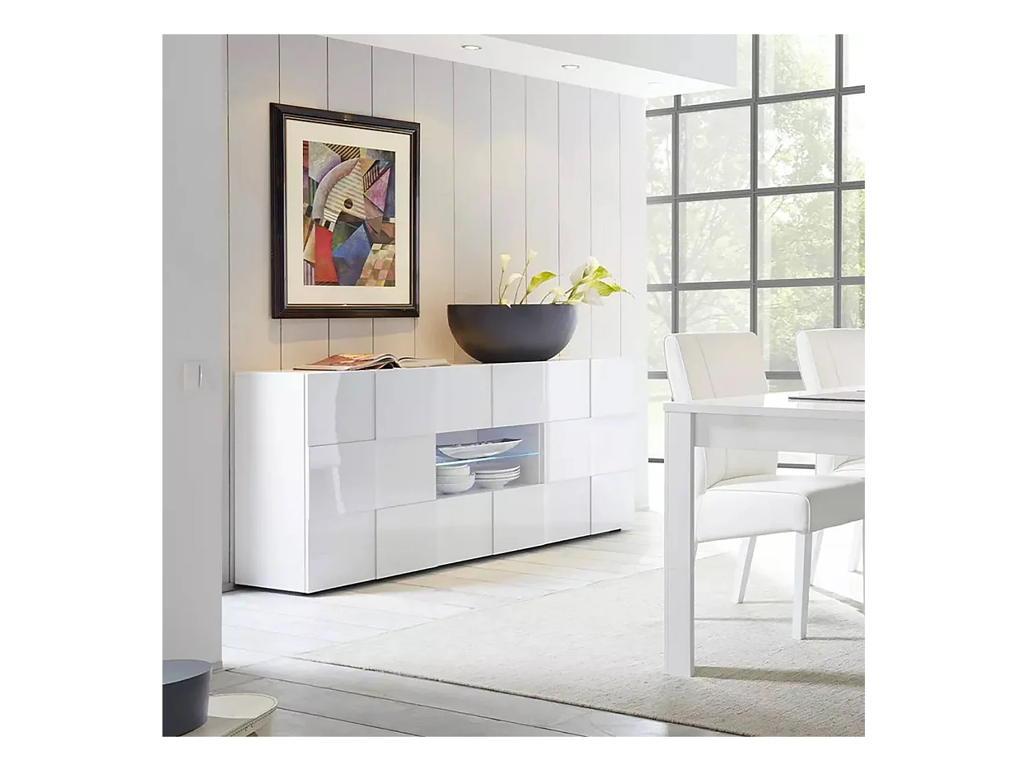 Kommode Dgober, Wohnzimmerbuffet, Wohnzimmer-Sideboard, Moderne Küchen-Speisekammer, Made in Italy, 181x43 h84 cm, Glänzendes Weiß