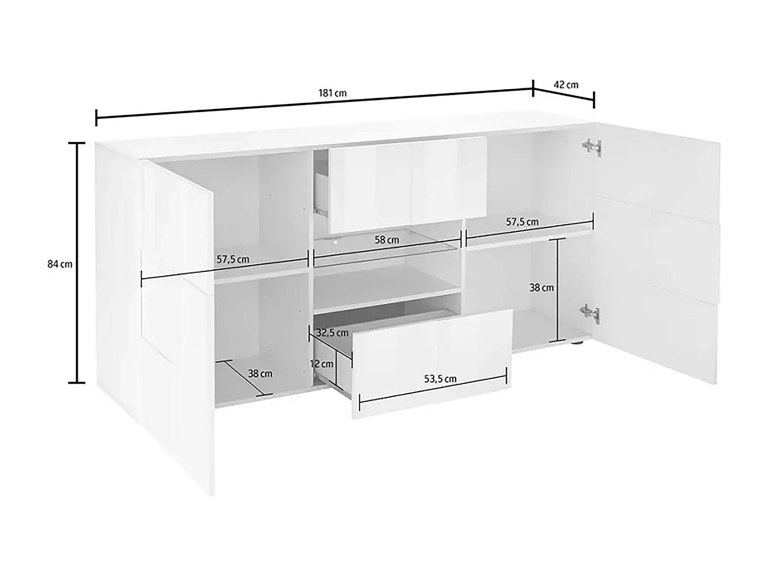 Kommode Dgober, Wohnzimmerbuffet, Wohnzimmer-Sideboard, Moderne Küchen-Speisekammer, Made in Italy, 181x43 h84 cm, Glänzendes Weiß