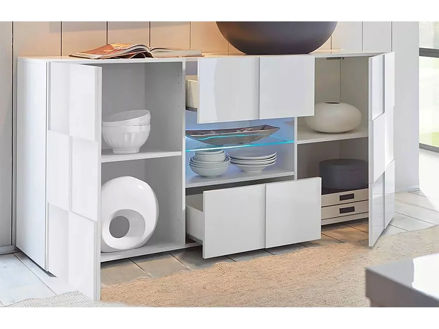 Kommode Dgober, Wohnzimmerbuffet, Wohnzimmer-Sideboard, Moderne Küchen-Speisekammer, Made in Italy, 181x43 h84 cm, Glänzendes Weiß