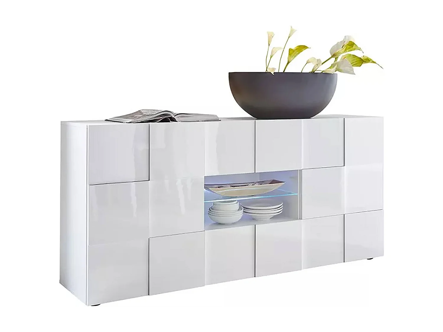 Kommode Dgober, Wohnzimmerbuffet, Wohnzimmer-Sideboard, Moderne Küchen-Speisekammer, Made in Italy, 181x43 h84 cm, Glänzendes Weiß