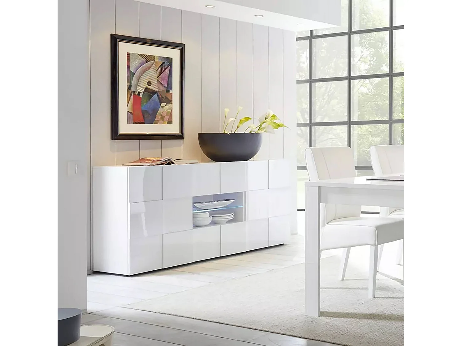 Kommode Dgober, Wohnzimmerbuffet, Wohnzimmer-Sideboard, Moderne Küchen-Speisekammer, Made in Italy, 181x43 h84 cm, Glänzendes Weiß