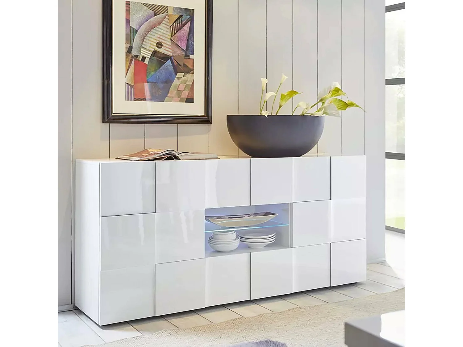 Kommode Dgober, Wohnzimmerbuffet, Wohnzimmer-Sideboard, Moderne Küchen-Speisekammer, Made in Italy, 181x43 h84 cm, Glänzendes WeiÃŸ