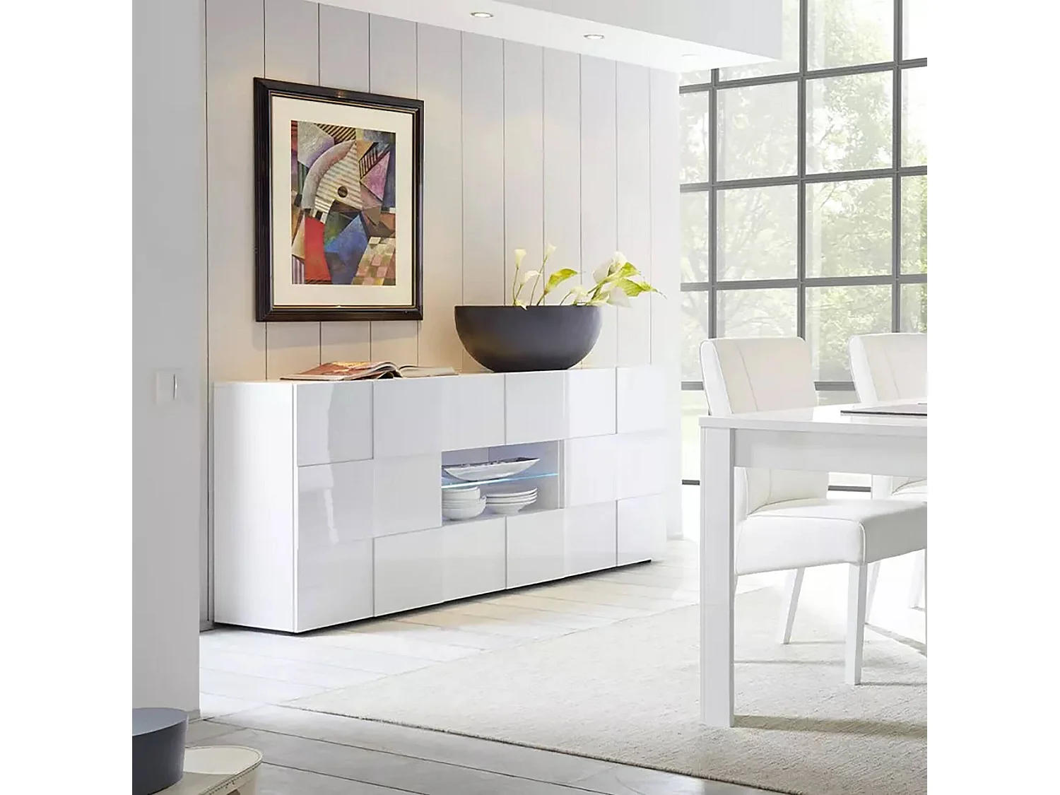 Kommode Dgober, Wohnzimmerbuffet, Wohnzimmer-Sideboard, Moderne Küchen-Speisekammer, Made in Italy, 181x43 h84 cm, Glänzendes WeiÃŸ