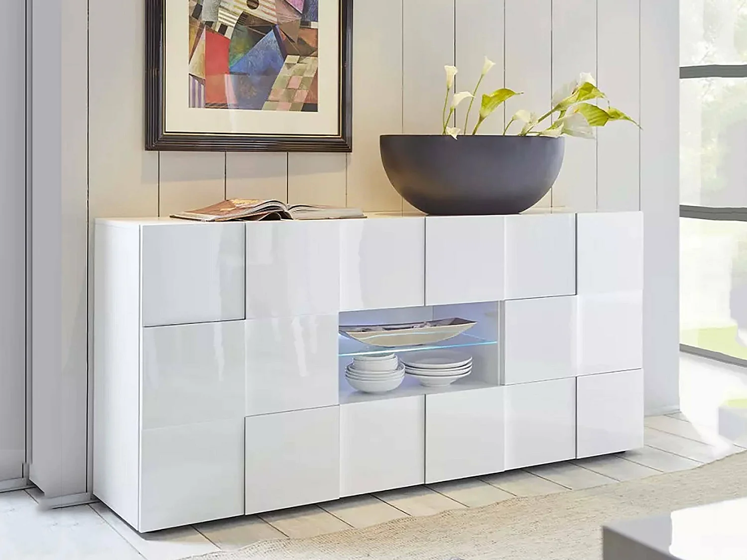 Kommode Dgober, Wohnzimmerbuffet, Wohnzimmer-Sideboard, Moderne Küchen-Speisekammer, Made in Italy, 181x43 h84 cm, Glänzendes WeiÃŸ