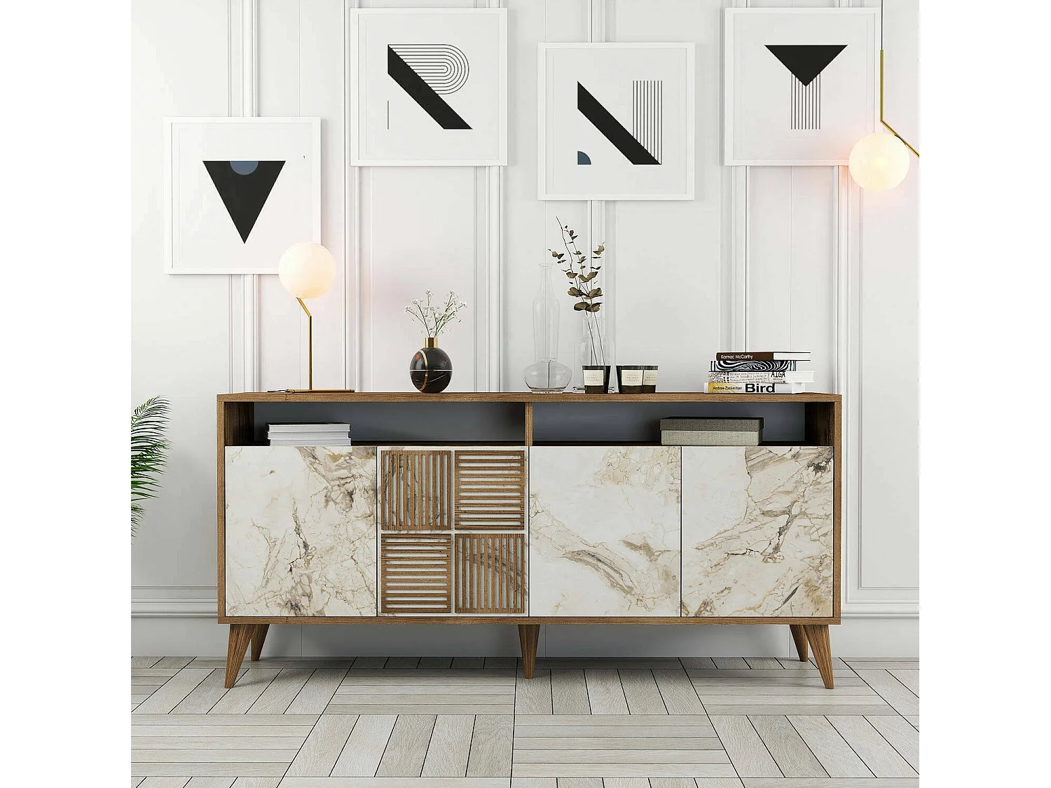 Dmora - Credenza Benjamin, 160x35 h78 cm, Noce e Grigio