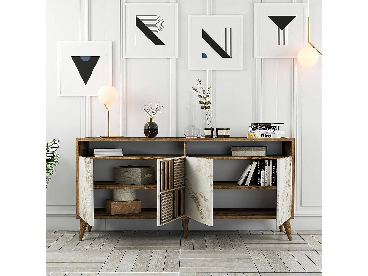 Dmora - Credenza Benjamin, 160x35 h78 cm, Noce e Grigio
