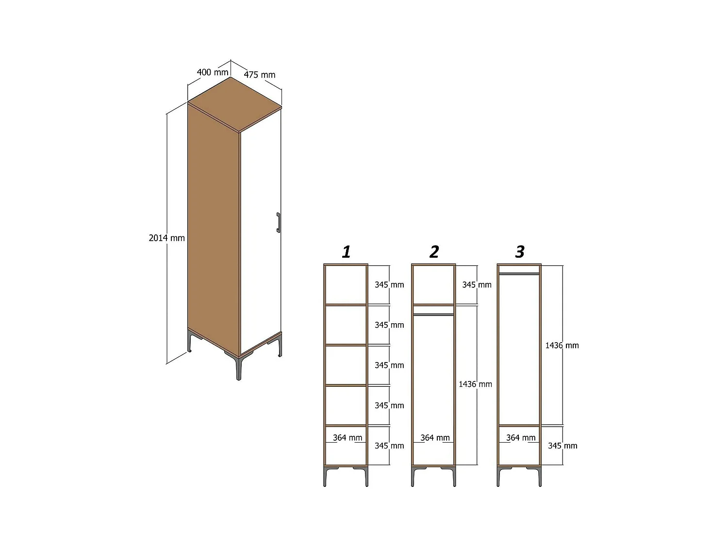 Armoire polyvalente 1 porte Dnuytinc, Meubles multifonctionnels, Casier à chaussures, Support à chaussures pour armoire, 48x40h201 cm, Noyer et Anthracite
