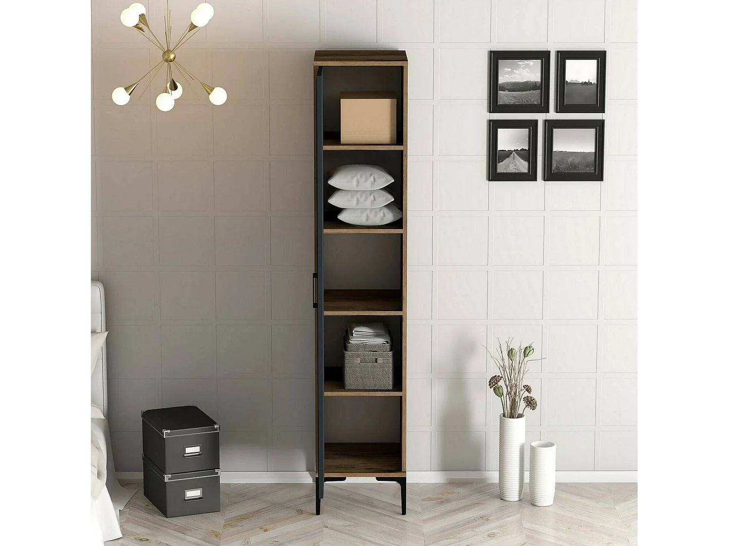 Armoire polyvalente 1 porte Dnuytinc, Meubles multifonctionnels, Casier à chaussures, Support à chaussures pour armoire, 48x40h201 cm, Noyer et Anthracite