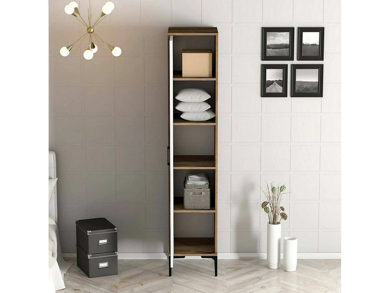 Armário multiusos Dnuytinc 1 porta, Armário multifunções, Sapateira, Sapateira, 48x40h201 cm, Nogueira e Branco