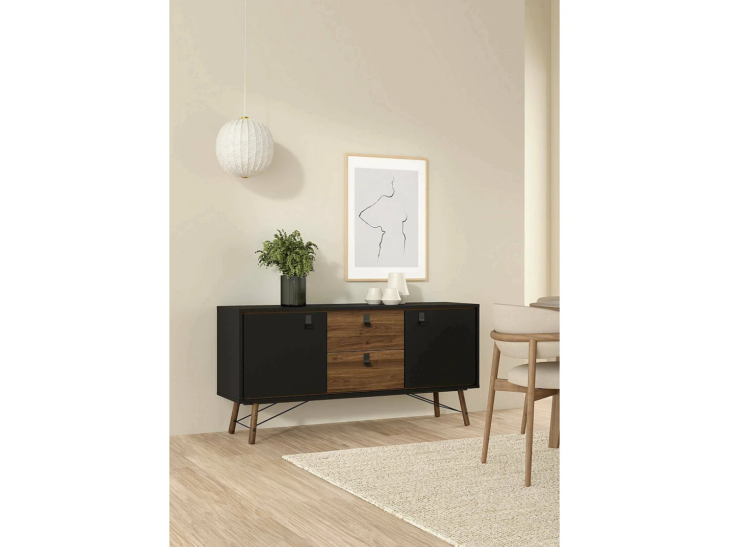 Buffet Dsavold, Buffet du salon, Commode de salon, Garde-manger de cuisine, 150x40 h72 cm, Noir et Noyer