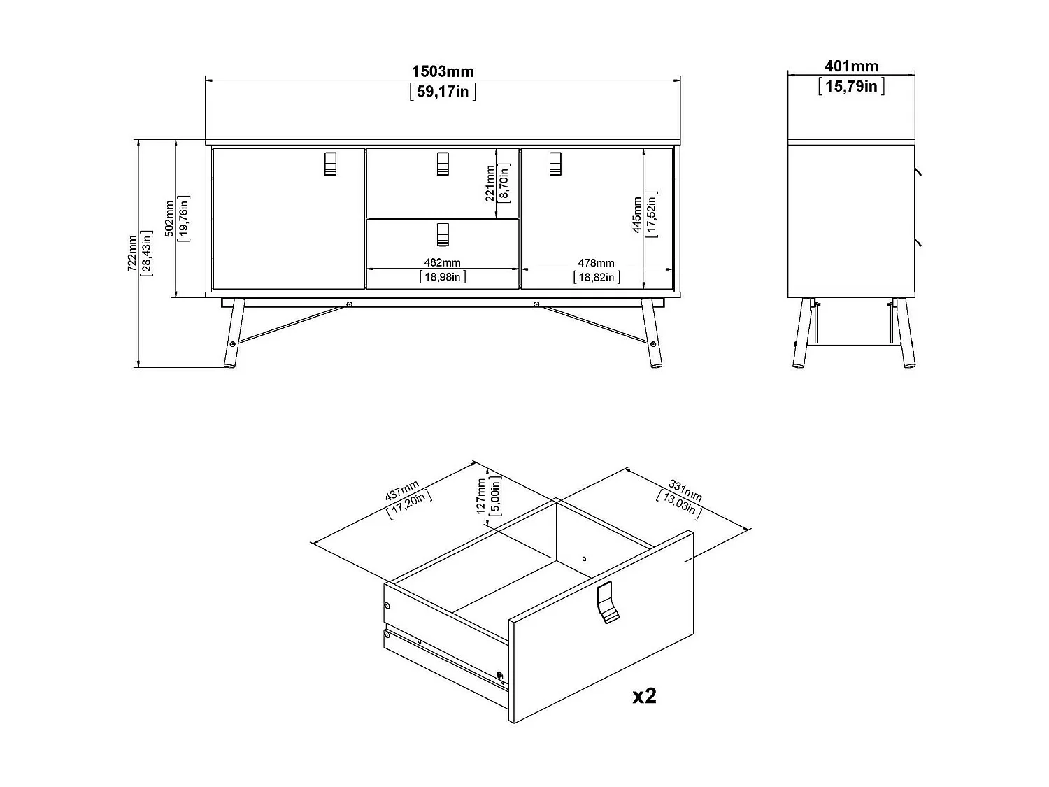 Dmora - Credenza Manyi, 150x40 h72 cm, Nero e Noce