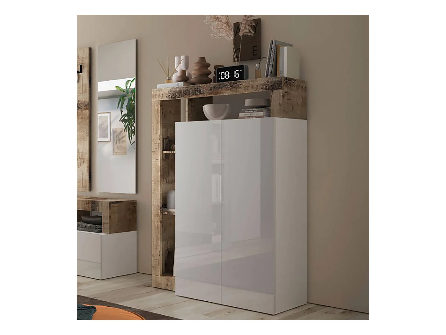 Armoire polyvalente à 2 portes Dbea, Meubles multifonctionnels, Support à chaussures, Made in Italy, 78x35 h116 cm, Blanc brillant et Chêne clair