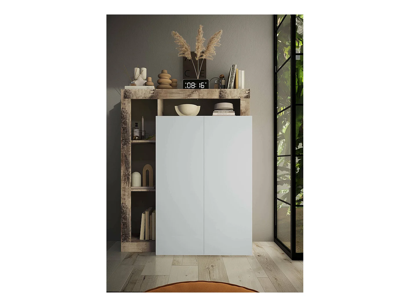 Armoire polyvalente à 2 portes Dbea, Meubles multifonctionnels, Support à chaussures, Made in Italy, 78x35 h116 cm, Blanc brillant et Chêne clair