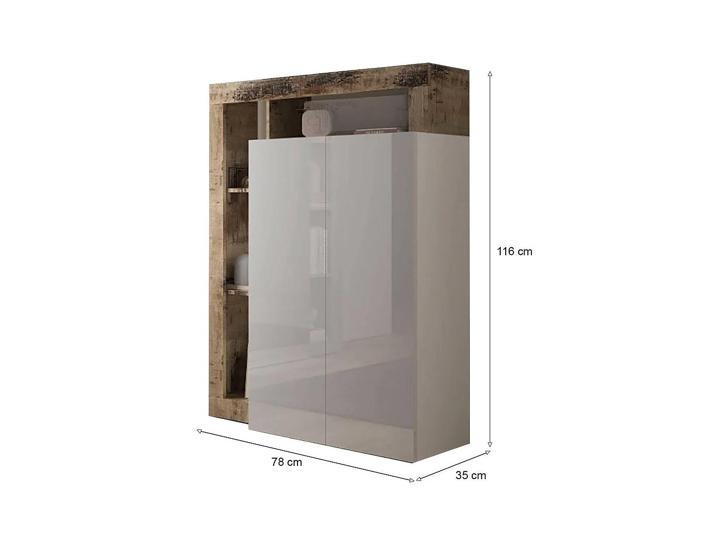 Armoire polyvalente à 2 portes Dbea, Meubles multifonctionnels, Support à chaussures, Made in Italy, 78x35 h116 cm, Blanc brillant et Chêne clair