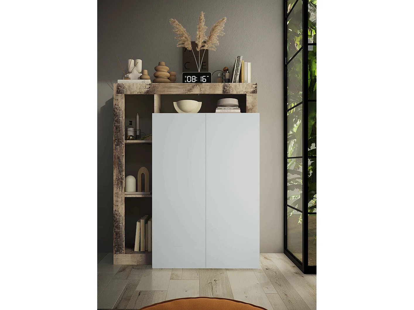 Dbea multifunctionele kledingkast 2 deuren, Multifunctionele kast, Schoenenrekkast, Schoenenrek, Made in Italy, 78x35 h116 cm, Glanzend wit en eiken