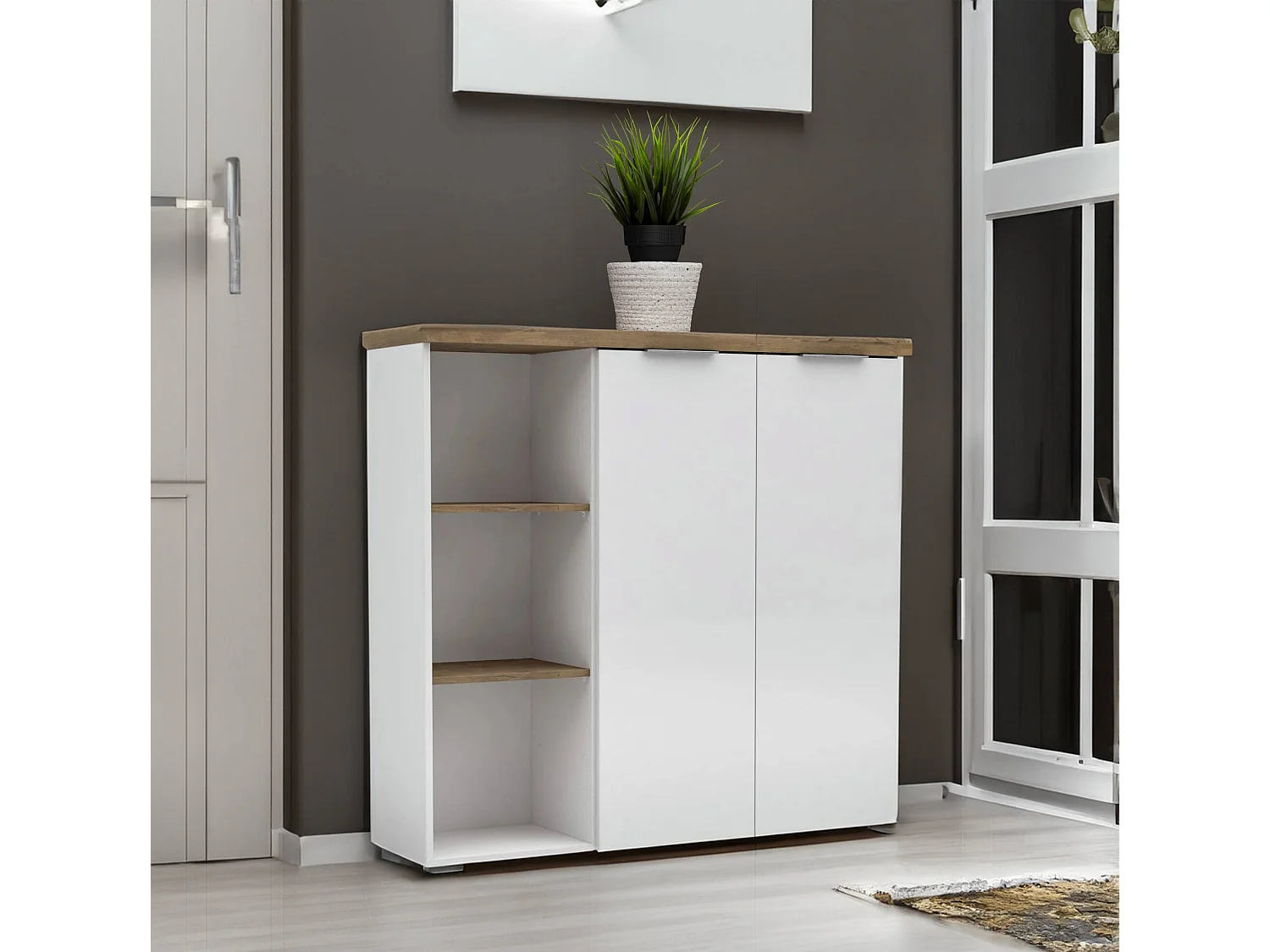 Armário multiusos Ddigennar 2 portas, Armário multifuncional, Sapateira, Roupeiro, Fabricado em Itália, 120x34h115 cm, Branco brilhante e carvalho