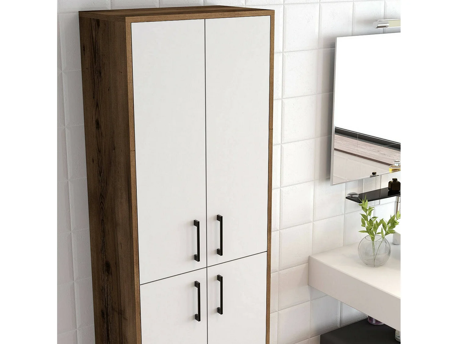 Grande armoire polyvalente Denipot, Meubles multifonctionnels, Casier à chaussures, Support à chaussures pour armoire, 60x35h200 cm, Noyer et Blanc