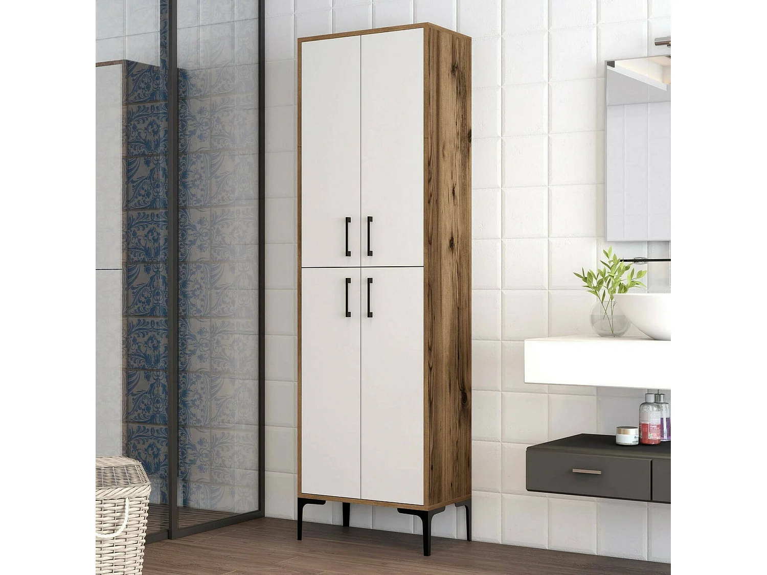 Denipot grote multifunctionele kledingkast, Multifunctionele kast, Schoenenkast, Schoenenkast, 60x35h200 cm, Walnoot en Wit