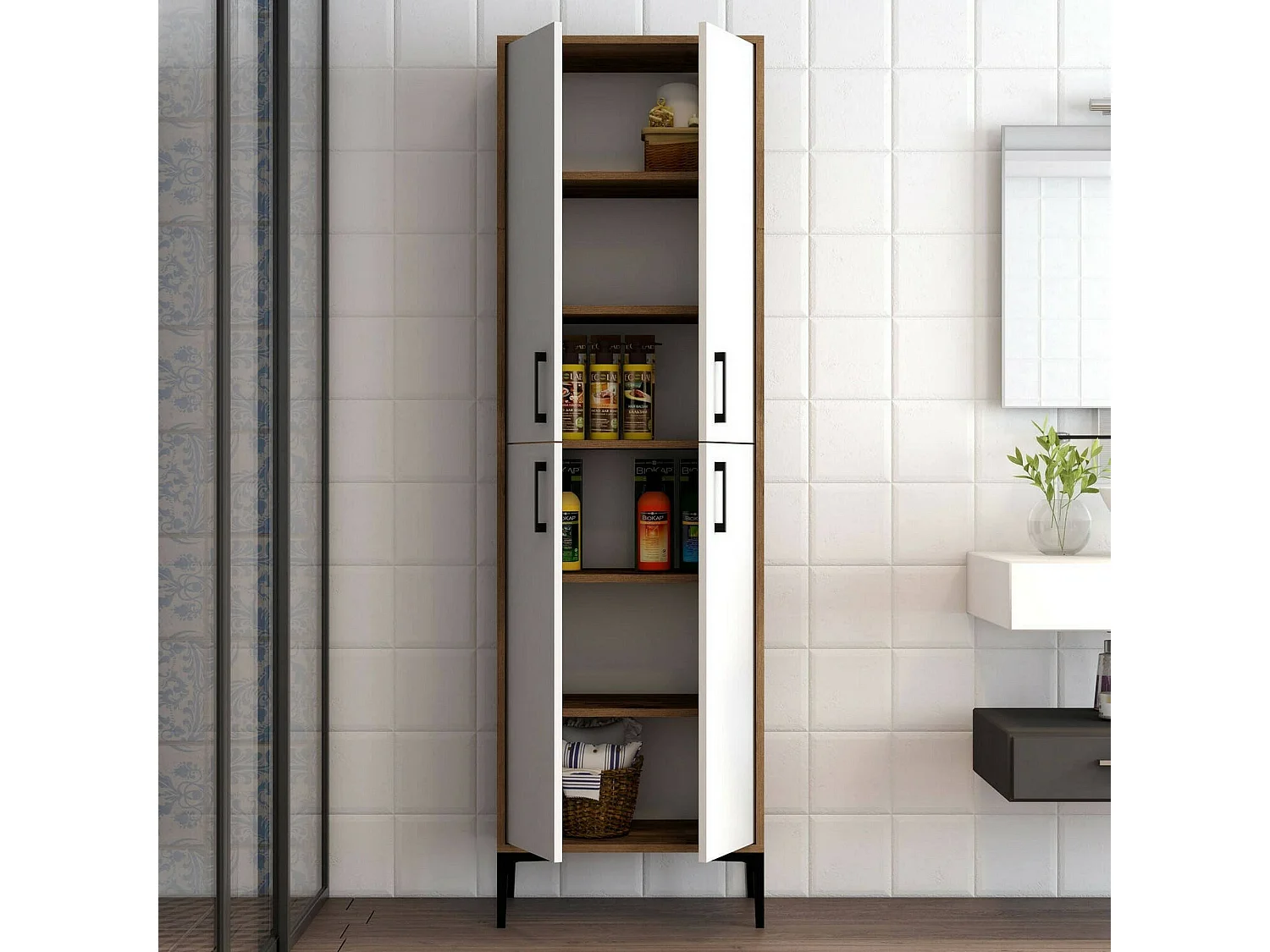 Grande armoire polyvalente Denipot, Meubles multifonctionnels, Casier à chaussures, Support à chaussures pour armoire, 60x35h200 cm, Noyer et Blanc