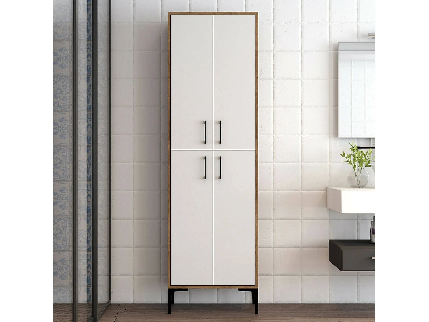 Grande armoire polyvalente Denipot, Meubles multifonctionnels, Casier à chaussures, Support à chaussures pour armoire, 60x35h200 cm, Noyer et Blanc