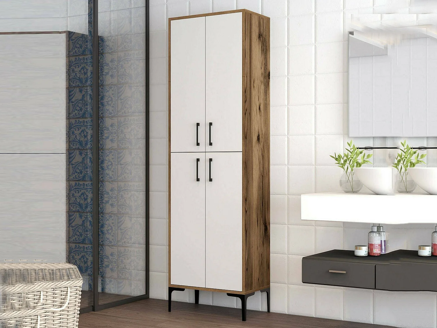 Grande armoire polyvalente Denipot, Meubles multifonctionnels, Casier à chaussures, Support à chaussures pour armoire, 60x35h200 cm, Noyer et Blanc