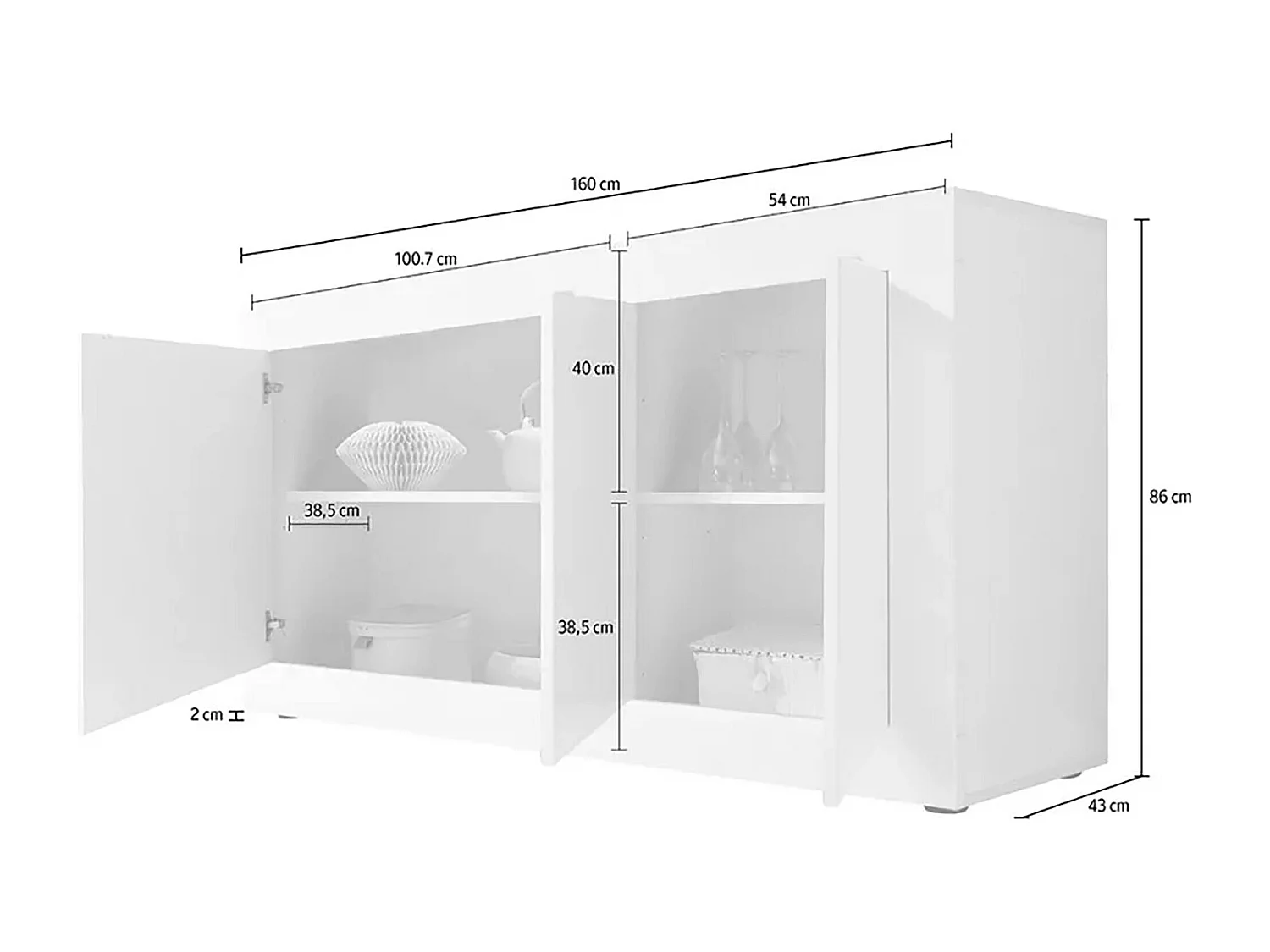 Buffet Dabat, Buffet du salon, Commode de salon, Garde-manger de cuisine, Made in Italy, 160x43 h86 cm, Blanc et Acacia