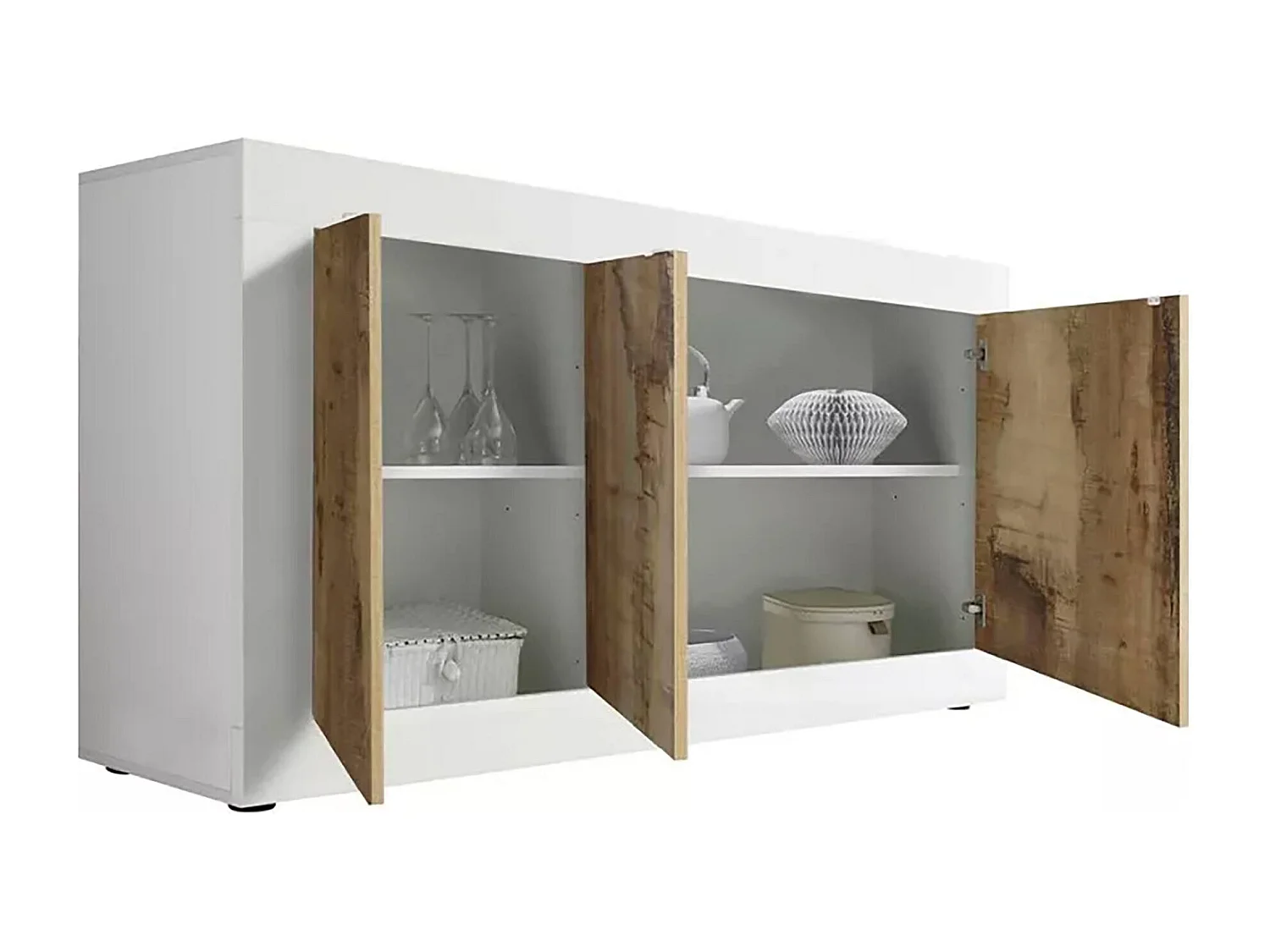 Aparador Dabat, Buffet de sala, Aparador de sala, Despensa de cozinha, Fabricado em Itália, 160x43 h86 cm, Branco e Acácia