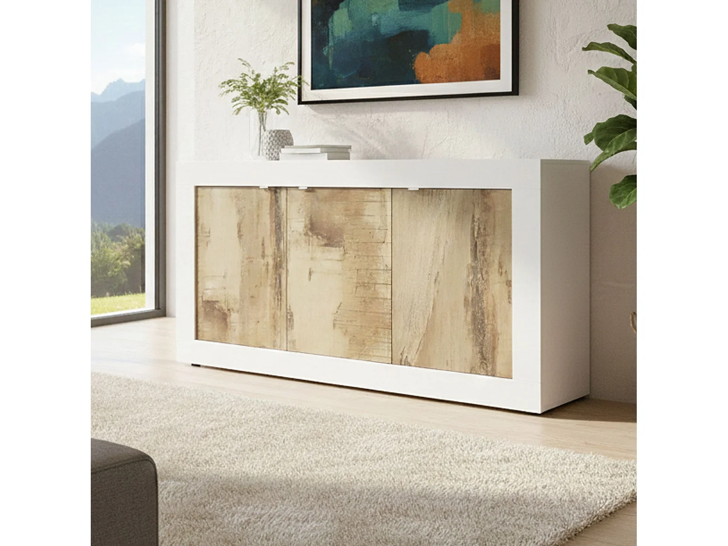 Buffet Dabat, Buffet du salon, Commode de salon, Garde-manger de cuisine, Made in Italy, 160x43 h86 cm, Blanc et Acacia