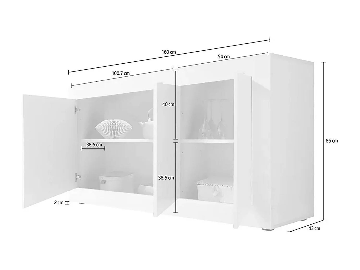 Buffet Dabat, Buffet du salon, Commode de salon, Garde-manger de cuisine, Made in Italy, 160x43 h86 cm, Blanc et Acacia