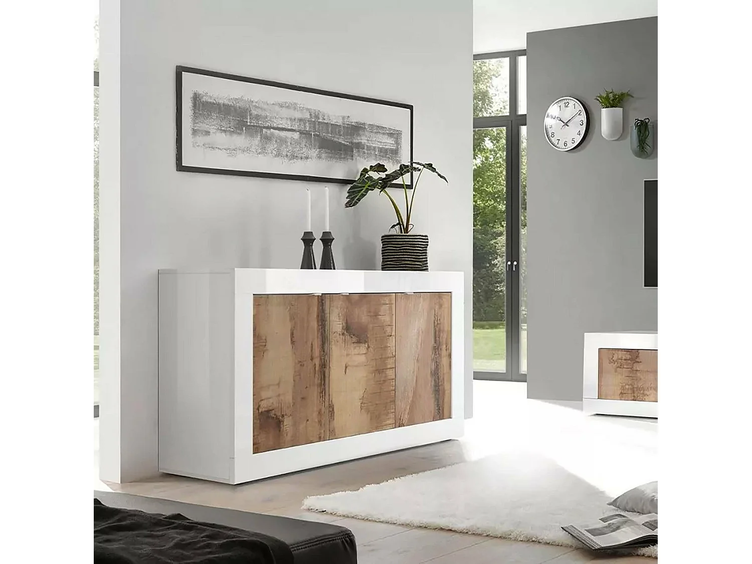 Buffet Dabat, Buffet du salon, Commode de salon, Garde-manger de cuisine, Made in Italy, 160x43 h86 cm, Blanc et Acacia