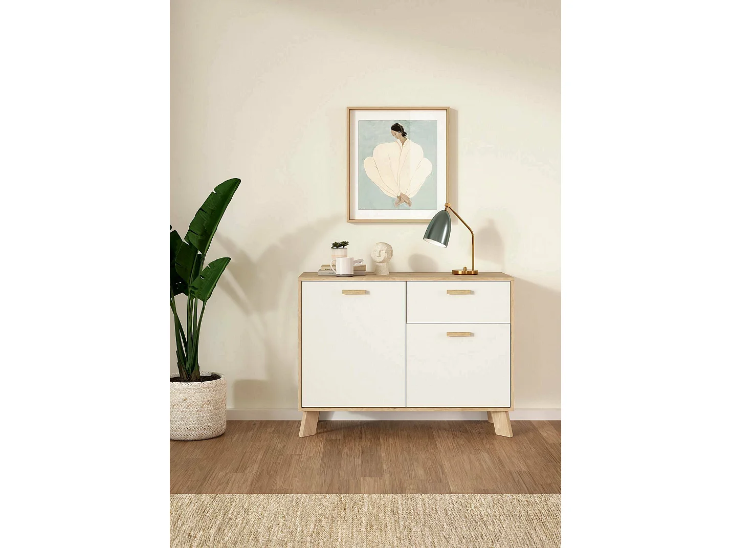 Buffet Drinco, Buffet du salon, Commode de salon, Garde-manger de cuisine, 99x39 h73 cm, Chêne clair et Blanc