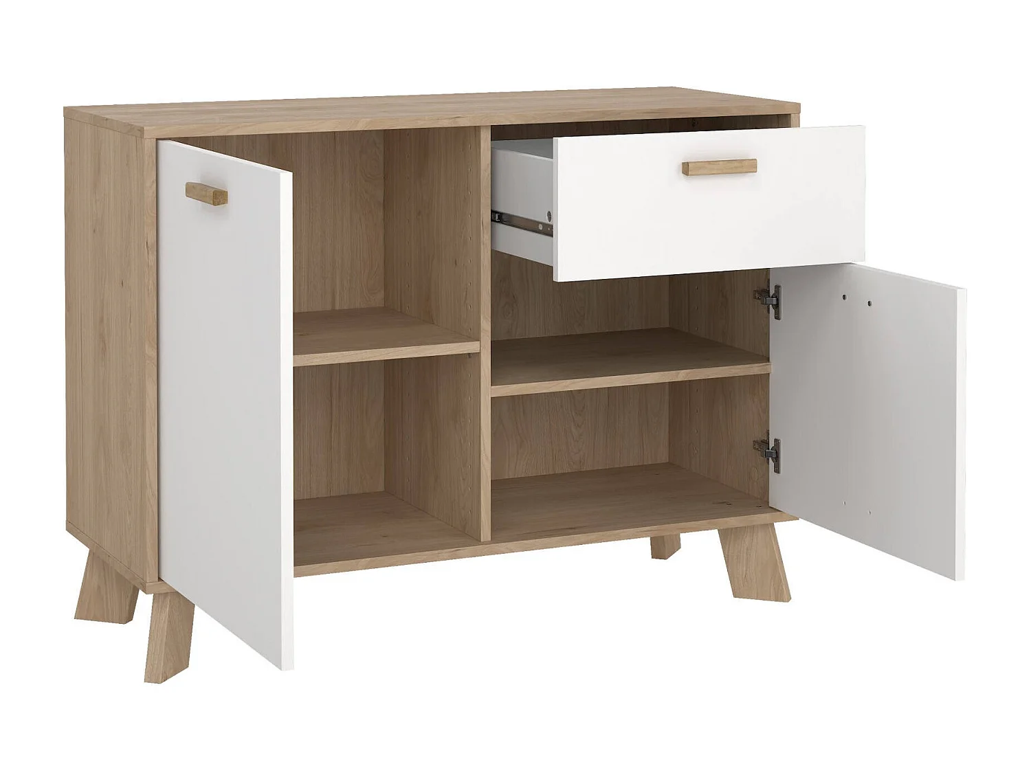 Buffet Drinco, Buffet du salon, Commode de salon, Garde-manger de cuisine, 99x39 h73 cm, Chêne clair et Blanc