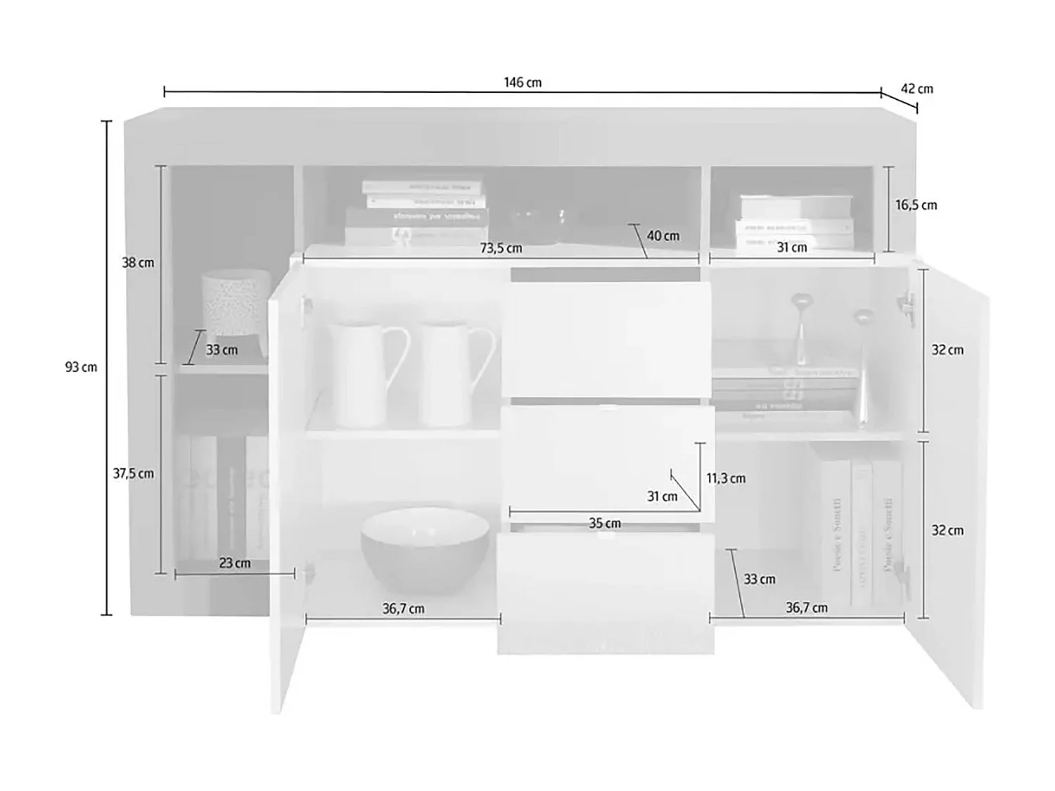 Buffet Dalle, Buffet du salon, Commode de salon, Garde-manger de cuisine, Made in Italy, 146x42 h93 cm, Blanc brillant et ardoise