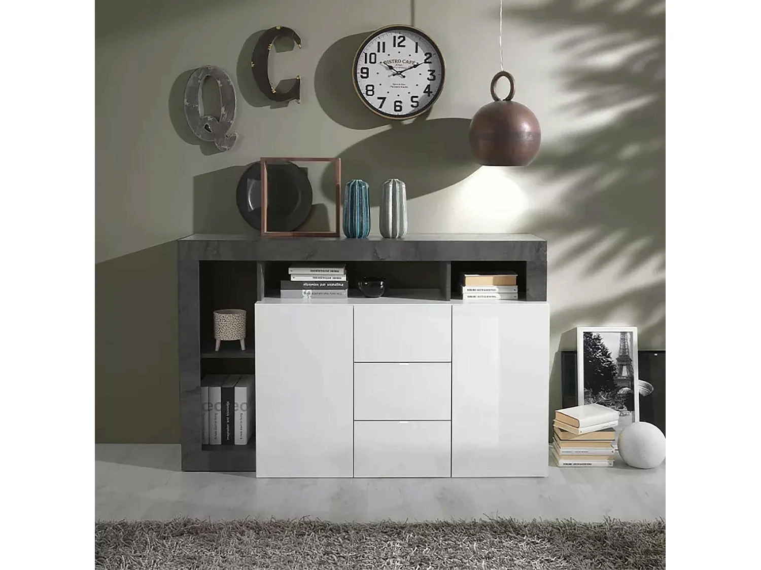 Dalle Dressoir, Woonkamerbuffet, Woonkamerdressoir, Keukenkast, Made in Italy, 146x42 h93 cm, Glanzend wit en Leisteen