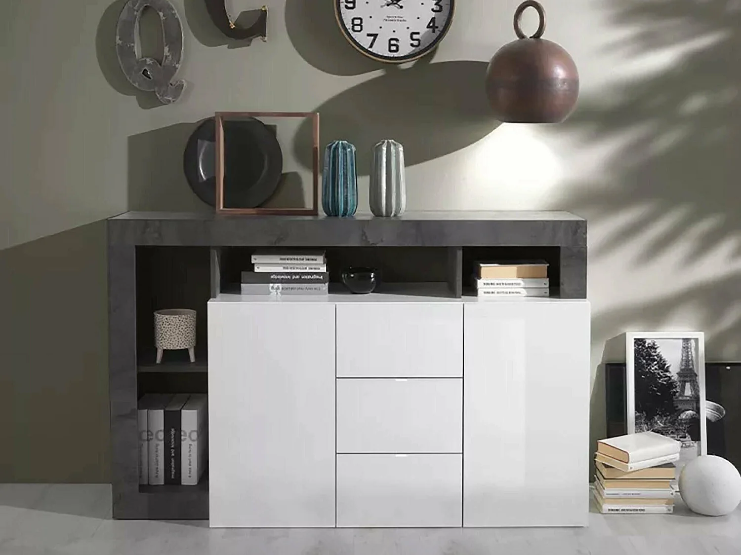 Dalle Dressoir, Woonkamerbuffet, Woonkamerdressoir, Keukenkast, Made in Italy, 146x42 h93 cm, Glanzend wit en Leisteen