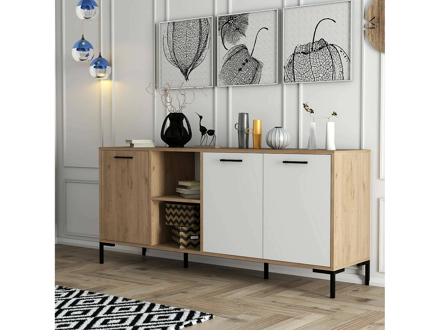 Aparador Dabbondanzier, Buffet de sala, Aparador de sala, Despensa de cozinha, 180x45 h80 cm, Carvalho e Branco