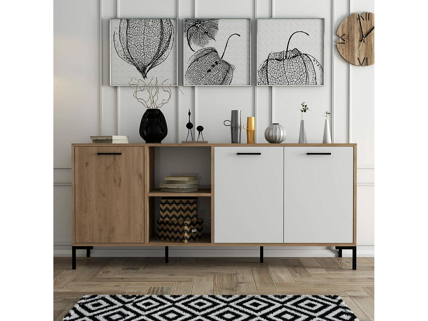 Aparador Dabbondanzier, Buffet de sala, Aparador de sala, Despensa de cozinha, 180x45 h80 cm, Carvalho e Branco