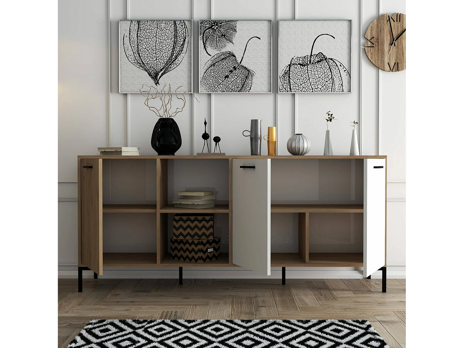 Aparador Dabbondanzier, Buffet de sala, Aparador de sala, Despensa de cozinha, 180x45 h80 cm, Carvalho e Branco